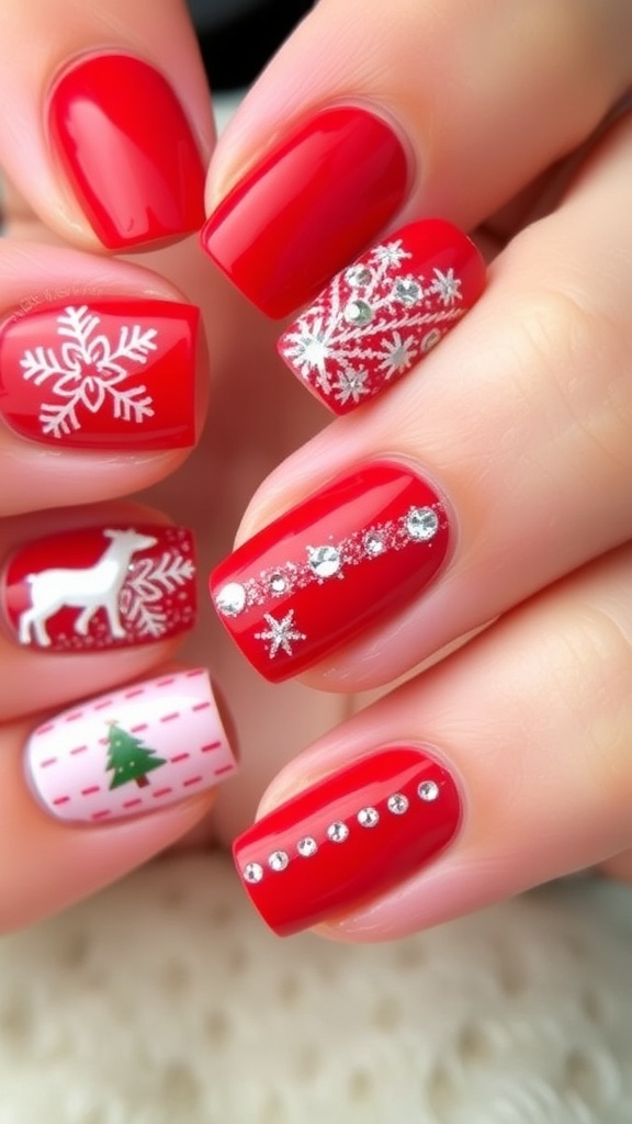 Festive Red Christmas Nail Art Inspiration Close-up of red Christmas nails with festive designs including snowflakes and Christmas trees.